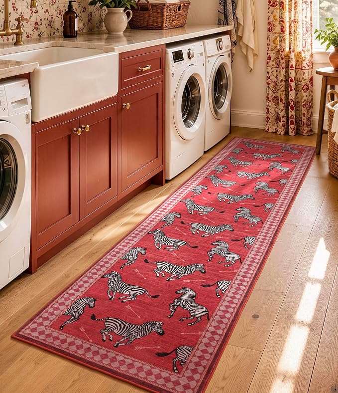 YIHOUSE Zebra Hallway Runner Rug 2×8, Washable Animal Print Rug with Checkered Border, Non-Slip Low Pile Mid-Century Modern Carpet for Kitchen, Entryway, Living Room, Bedroom, Red