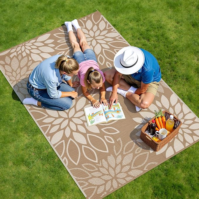 HEBE Waterproof Outdoor Rug 5x8 for Patios, Floral Reversible Plastic Straw Rug Patio Mat, Indoor Outdoor Carpet RV Mat Camping Rug for Deck, Camper, Porch, Balcony, Backyard, Picnic