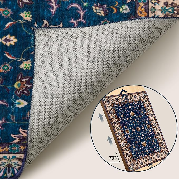 Tangsoo 2x3 Washable Rugs for Entryway, Small Area Vintage Floral Rug Non-Slip Soft Low Pile Rugs, Small Carpet Door Mat, Front Door Indoor Throw Rug for Entrance Kitchen Entry, Home Decor Navy Blue