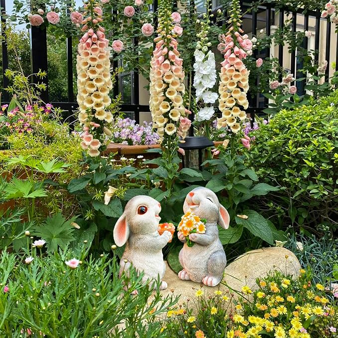 Solar Rabbit Garden Statues Outdoor Bunny Decor Resin Rabbit Figurine Holding Sunflower with LED Lights for Proch Patio Lawn Yard Mother's Day Christmas Birthday Gardening Gifts for Mom Women