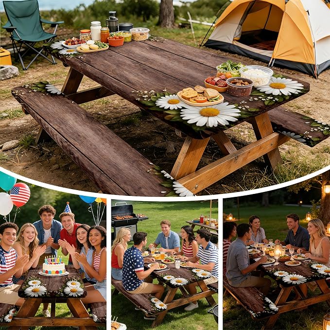 NYZE 3 Pieces Picnic Table Cover with Bench Covers Set, Camping Tablecloth, Tablecloth Cover with Drawstring Bag, Camping Essentials for Outdoor Picnics, Patio, BBQ (Wood Daisy)