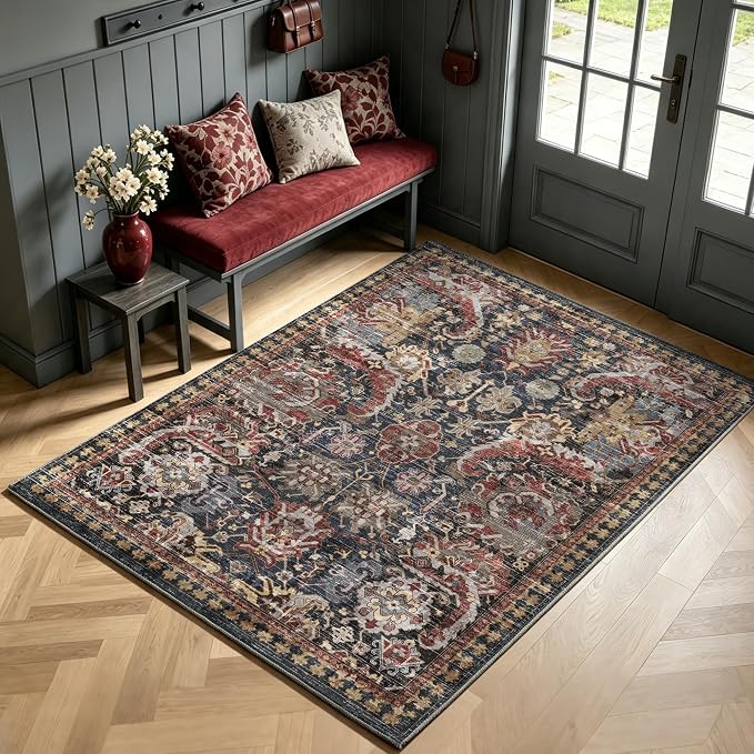 Washable Area Rugs - Perfect for Living Room, Bedroom, Kids Room, Nursery - Stain & Water Resistant Non-Slip, Pet & Child Friendly, Vintage Tribal Area Rugs (Rust, 4' x 6')