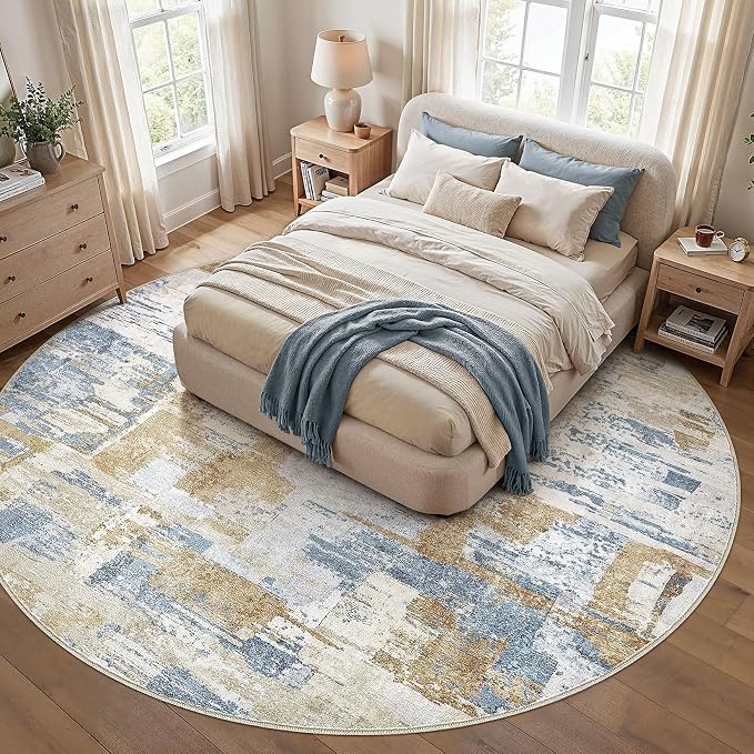 kakania Abstract 12x12 Round Rugs for Living Room: Circle Rugs 12FT Blue | Washable, Soft, Non-Slip, Low-Pile, Pet & Kid Friendly - Large Modern Home Decor Carpet for Bedroom/Dining Room/Nursery