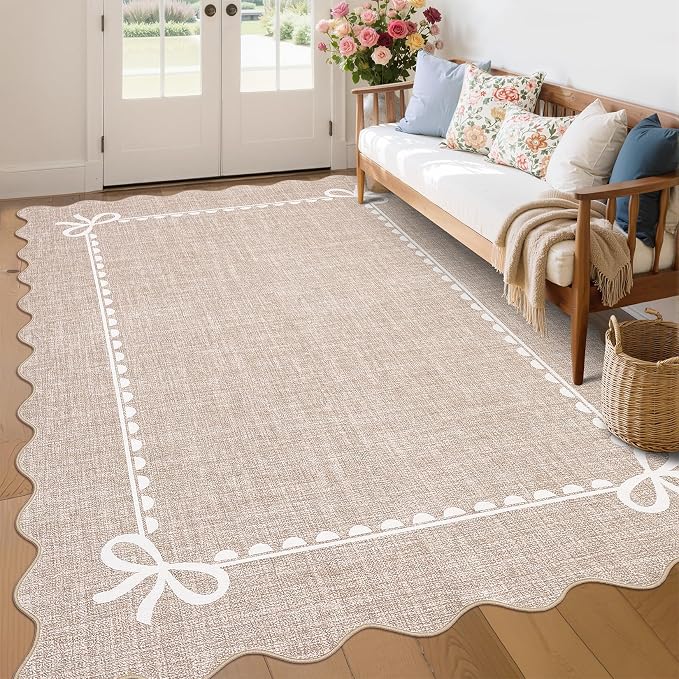 GarveeHome Scalloped Bow Rug 6x9 Washable Camel Rug for Bedroom Living Room | Non Slip Soft Low Pile Indoor Large Carpet for Nursery Girls Bedroom Decor Hallway Kids Room College Dorm Playroom