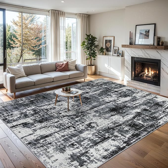 PLHXFR 6x9 Area Rug Living Room: Modern Abstract Washable Carpet Black | For Bedroom Dining Room Farmhouse Nursery Home,Machine washable,Non Slip,Large Soft Neutral,Stain Resistant, Indoor Floor