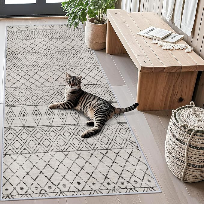 Geometric Grey 3x6 Washable Non Slip Rug:Moroccan Runner Rug | Soft Low Pile Indoor Floor Mat, Pet Friendly Design, Ideal for Front Door, Kitchen, Bedroom, Entryway ,laundry room