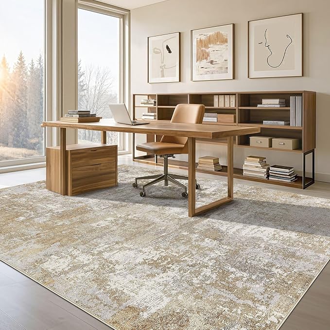 Tortania Washable 10x14 Area Rug for Living Room: Modern Abstract Neutral Large Soft Thin Rugs - Non Slip Indoor Carpet for Bedroom Dining Room Office Nursery Home Floor Decoration - Beige Brown