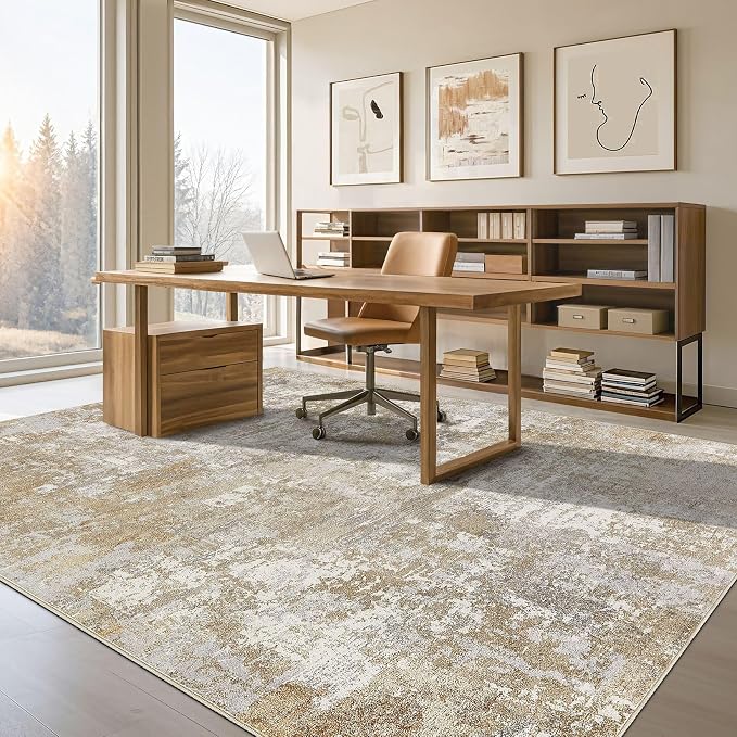 Washable 12x15 Area Rug for Living Room: Modern Abstract Neutral Large Soft Thin Rugs - Non Slip Indoor Carpet for Bedroom Dining Room Office Nursery Home Decor Floor Decoration - Brown Grey