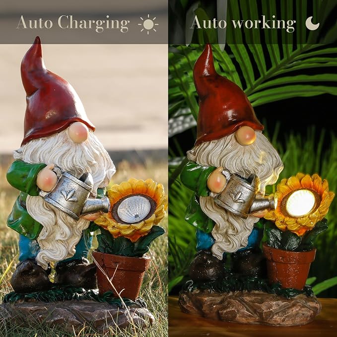 TERESA'S COLLECTIONS Sunflower Garden Gnomes Decorations for Yard with Solar Lights, Cute Resin Garden Sculptures & Statues for Outdoor Patio Lawn Ornaments,Ideal Gifts for Mom Women and Man, 11.4"