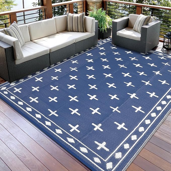 Waterproof Outdoor Rug 8x10, Modern Reversible Plastic Straw Patio Camping Rugs, Outdoor Indoor RV Mat Carpet for Patio, Outside Entry, Backyard, Deck, Bench, Picnic, Camper，Navy/Blue