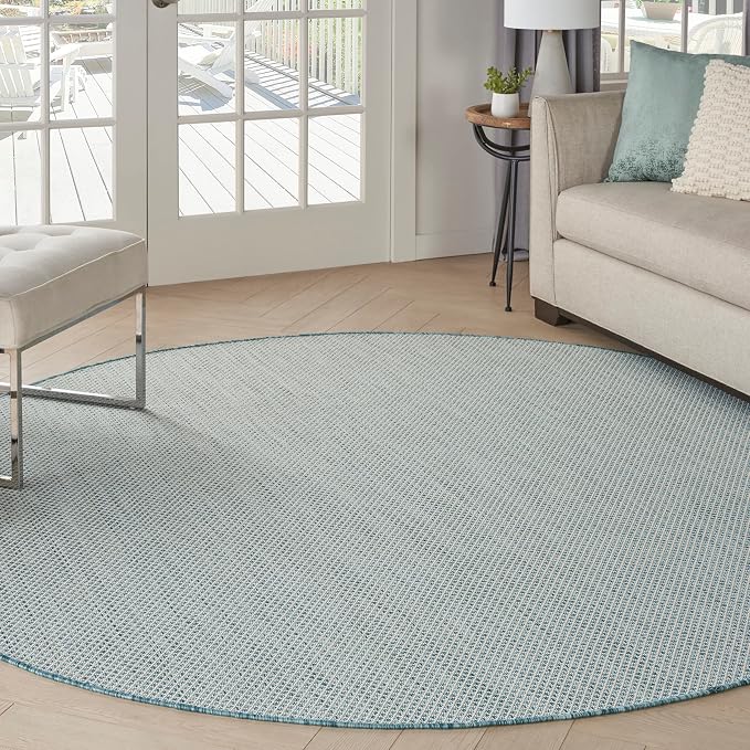 Nourison Home Courtyard Ivory Aqua 8' x Round Area Rug - Easy Clean, Non Shedding, Bed Room, Living Room, Dining Room, Kitchen (8' x Round)
