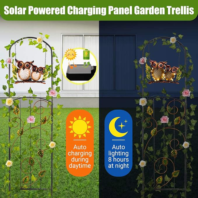 Metal Trellis for Spring,Voumsil Owl Plant Trellis with Solar Lght,for Climbing Plants Outdoor,Garden Decorations Outdoor,Spring Garden Decor,Court Yard,Balcony