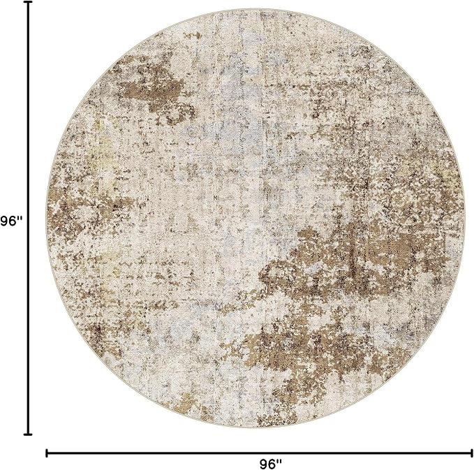 DMOYEST 8ft Round Area Rug for Living Room Washable Non Slip Circle Rug | 8x8 Neutral Modern Abstract Low Pile Rugs Kid & Pet Friendly Soft Carpet for Bedroom Dining Room - Light Brown