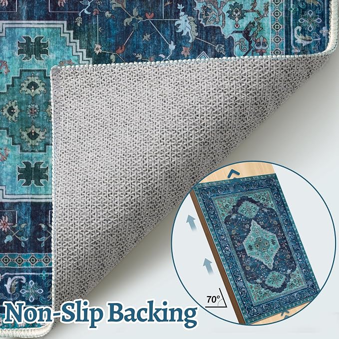 Tangsoo Oriental 2x3 Washable Rugs for Entryway, Non Slip Small Area Rug | Teal Vintage Indoor Front Door Rug, Boho Print Door Mat Carpet, Soft Low Pile Throw Rugs for Entrance Entry Kitchen Bedroom