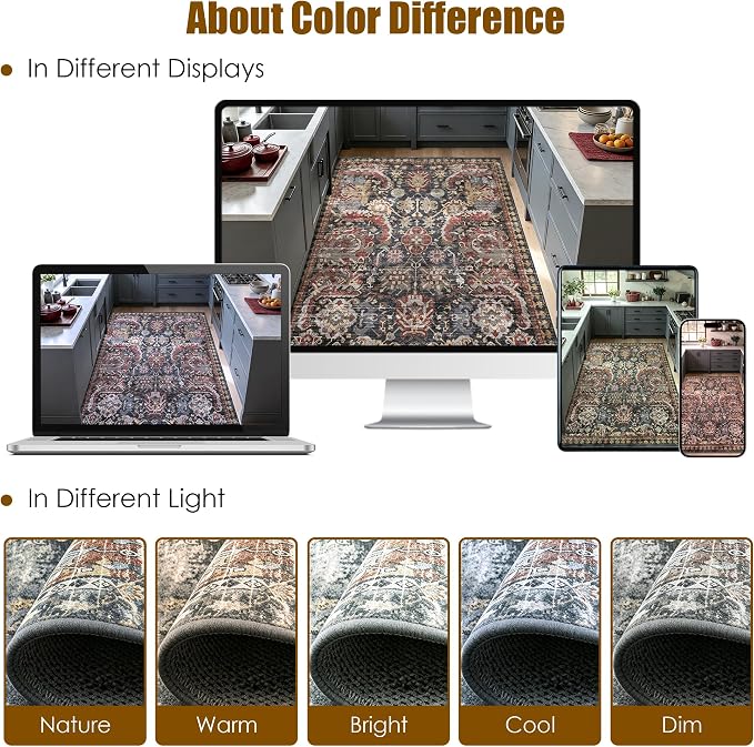 Washable Area Rugs - Perfect for Living Room, Bedroom, Kids Room, Nursery - Stain & Water Resistant Non-Slip, Pet & Child Friendly, Vintage Tribal Area Rugs (Rust, 4' x 6')