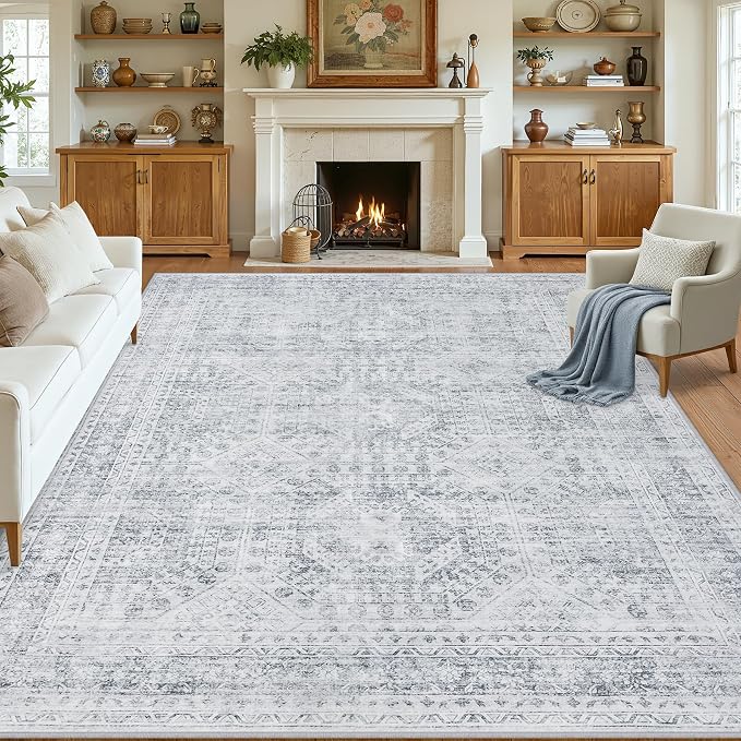 10x12 Area Rugs Living Room: Bedroom Neutral Washable Carpet Gray | Vintage Boho Soft Small Indoor Decor Floor Non-Slip Low Pile Neutral Farmhouse Entryway Laundry Bathroom Bedroom Beside Rugs