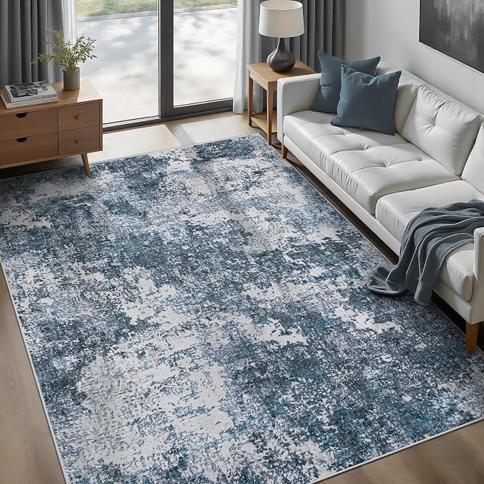 pmtsns Area Rugs 6x9 for Living Room: Washable Rug Modern Abstract Neutral Soft Non-Slip Low-Pile Indoor Carpet for Bedroom Dining Room Playroom Home Office (Blue Grey, 6'x9')