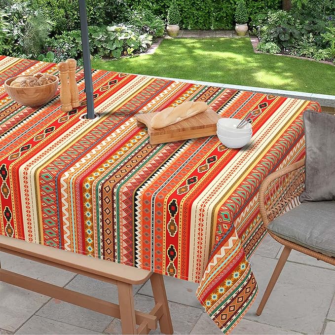 Outdoor Tablecloth with Umbrella Hole and Zipper, Rectangle Patio Table Covers for Spring/Summer, Machine Washable Outdoor Picnic Table Cloth (Boho Kilim, 60" × 102" Rectangular)