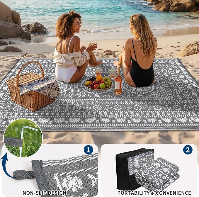 Garvee Reversible Outdoor Rug 9x18 for Patio, Waterproof Outdoor Area Rug, Modern Medallion Indoor Outdoor Rugs, Plastic Straw Rug for RV, Camping, Deck, Vintage Grey