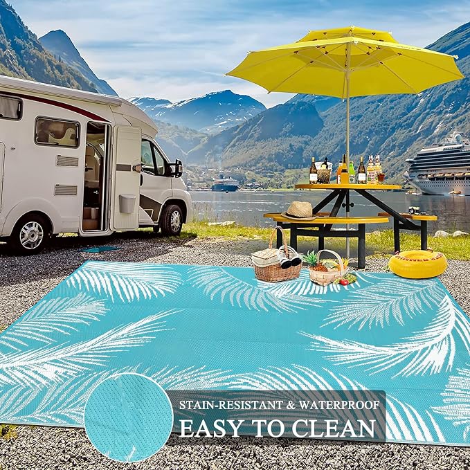 Pauwer Waterproof Outdoor Rug 9x12, Reversible Plastic Straw Patio Camping Rug, Indoor Outdoor RV Mat Carpet for Deck, Camper, Porch, Balcony, Backyard, Picnic, Leaf Teal
