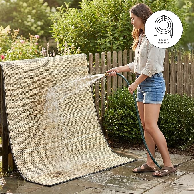 Fab Habitat Outdoor Rug - Waterproof, Fade Resistant, Crease-Free - Premium Recycled Plastic - Striped - Porch, Deck, Balcony, Mudroom, Laundry Room, Patio - Cancun Shadow - Sand & Black - 3 x 5 ft
