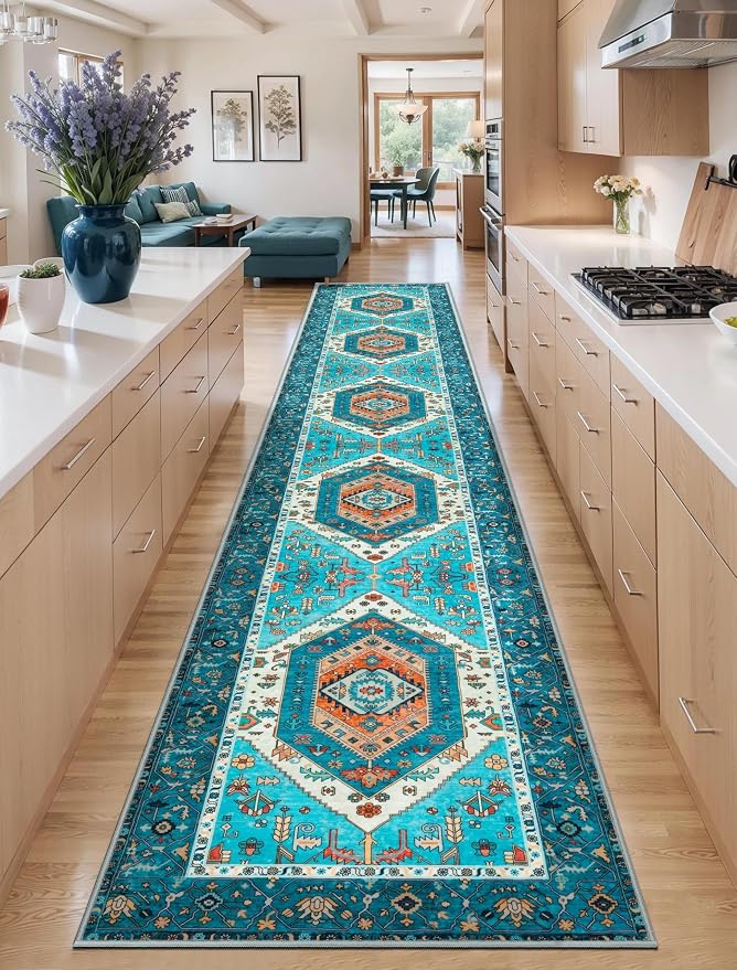 SERISSA 2'6"x18' Washable Non Slip Boho Runner Rug for Hallway，Blue | Ultra Soft Vintage Oriental Carpet Low-Pile Tribal Floor Carpet for Kitchen Bedroom Entryway Bathroom Laundry Room