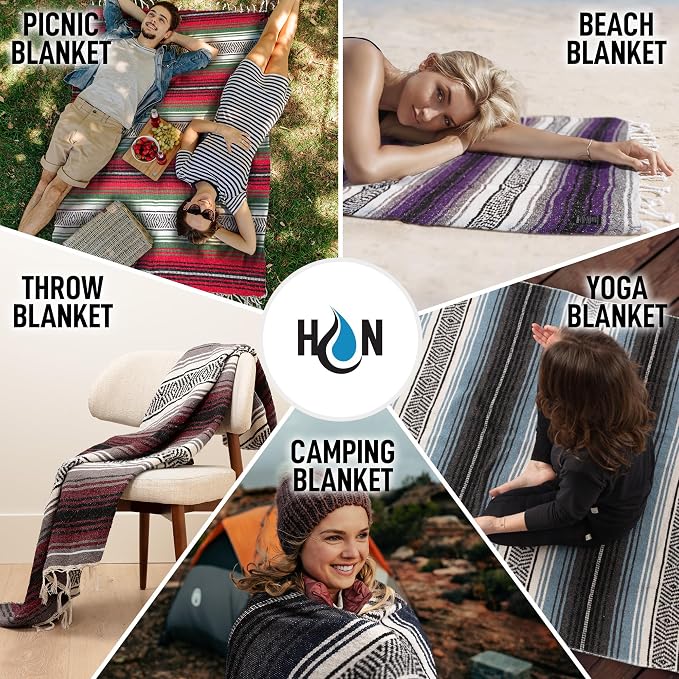 Authentic Extra Large Mexican Blanket - 70"x50" Handwoven Yoga, Serape, Artisanal Falsa, Beach, Camping, Picnic, Outdoor Blanket (Emerald)
