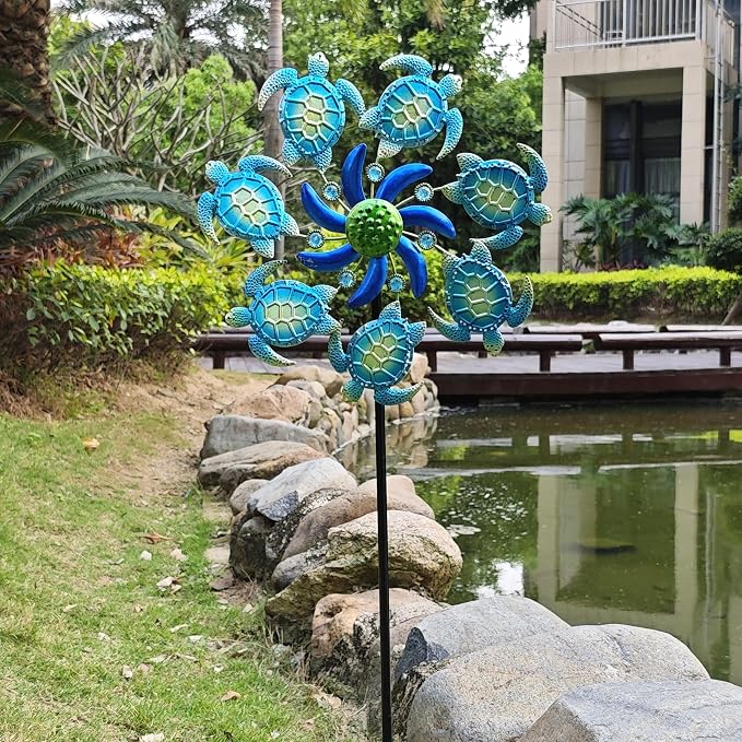 Sea Turtle Wind Spinners Garden Stake, 39" Turtles Wind Spinner Outdoor Decorations- Metal Green Outside Lawn Stake Wind Sculptures for Yard Patio,Lawn & Garden Art Decor