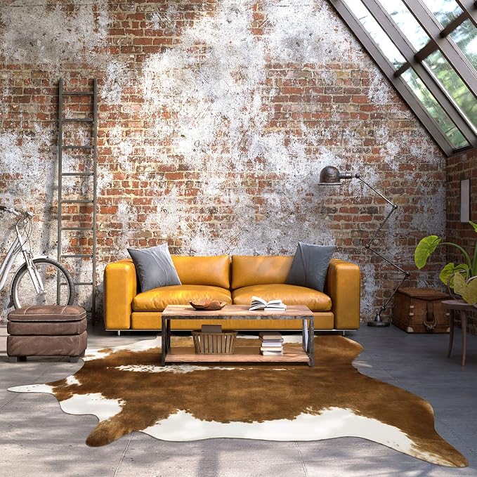 BENRON Faux Cowhide Rug, Cow Print Rug for Living Room Bedroom 6.2x7ft | Western cow hide rug for Cowboy Cowgirl Home Decor, Washable Rugs with Irregular Animal Skins and Hides Non Slip, Khaki Brown