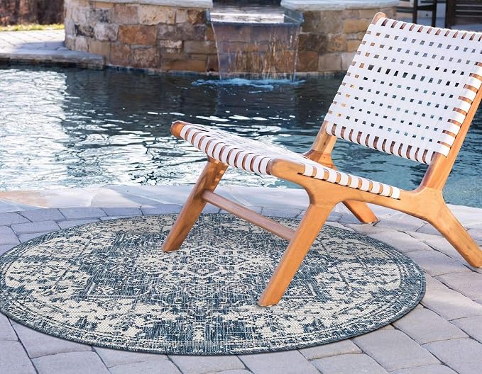 Unique Loom Outdoor Collection Area Rug - Dubai (4' 1' Round, Blue/ Ivory)