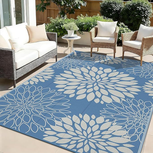 Ileading Waterproof Outdoor Rug 6x9, Reversible Plastic Straw Patio Rug, Portable Indoor Outdoor RV Camping Mat Carpet for Deck, Porch, Balcony, Backyard, Picnic, Floral Dusty Blue