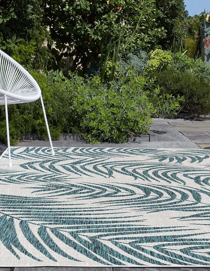 Unique Loom Outdoor Botanical Collection Area Rug - Palm (6' 1" x 9' Rectangle, Teal Ivory)