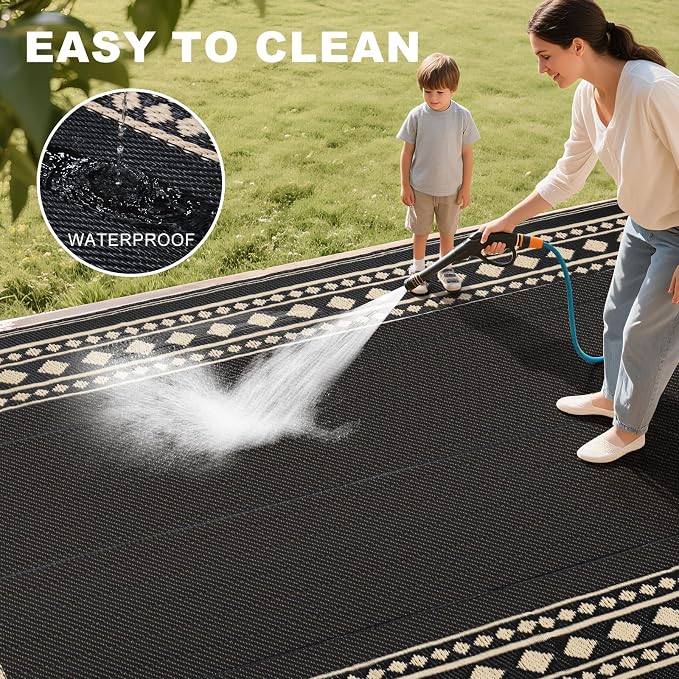 RURALITY Outdoor Rug 9x12 Waterproof for Patio Clearance,Large Plastic Straw Mat for Camping,Porch,RV,Black and Beige
