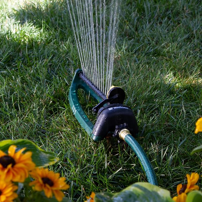 Melnor 65150AMZ Oscillating Sprinkler, 15 Precision Nozzles, Adjustable Spray Range, Waters Up to 2,650 Sq. Ft., with QuickConnect Bundle, Green, Yellow