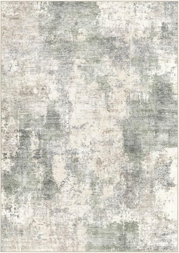 Tortania Washable 6x9 Area Rug for Living Room: Modern Abstract Neutral Large Soft Thin Rugs - Non Slip Indoor Carpet for Bedroom Dining Room Office Nursery Home Floor Decoration - Gray Green