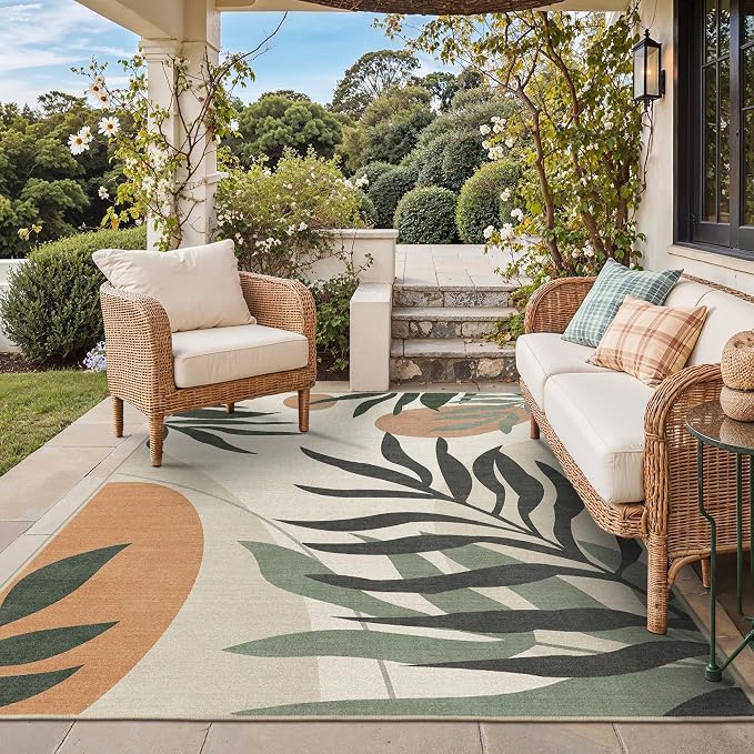 GENIMO Outdoor & Indoor Area Rug 4'x6', Waterproof, Non-Shedding, Easy Cleaning, Leaf Mat for Patio, Living Room, Balcony, Dining Room, RV, Deck, Bedroom, Camping, Outside Carpet, Beige Grey