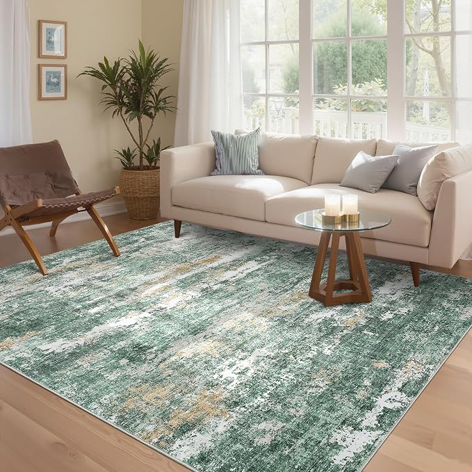 ROYHOME Abstract Rugs Green 5x7 | Non Slip Non Shedding Low Pile Stain Resistant Rug for Entryway Kitchen Bedroom
