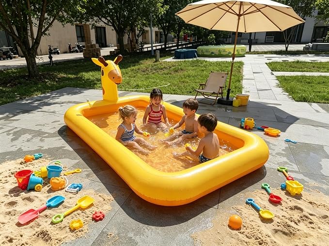 4-in-1 Inflatable Giraffe Kids Pool, 5.5FT Heavy-Duty Toddler Wading Pool, Sprinkler Splash Pad, Ball Pit, Outdoor Party Serving Bar Ice Cooler for Ages 1-3, Small Dogs