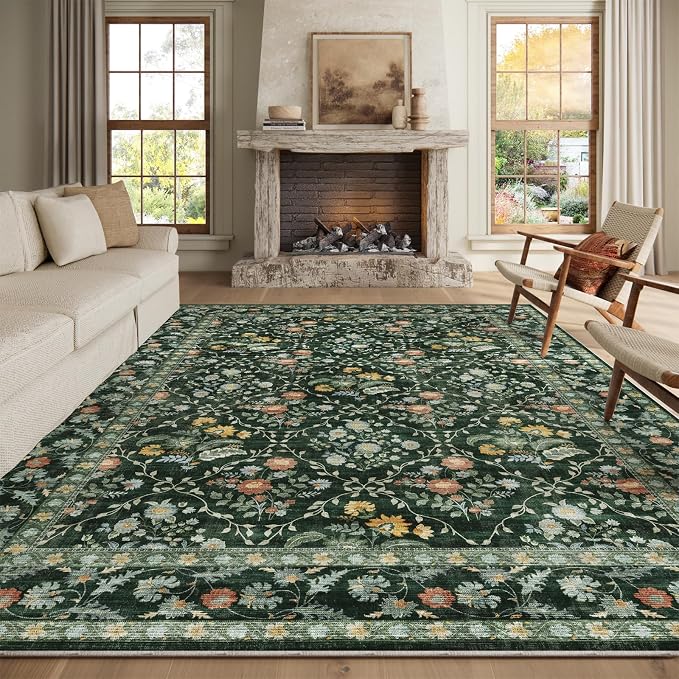 Vintage Botanical Dark Green Area Rug 8x10 Elegant Floral Pattern, Durable Stain-Resistant Fabric, Perfect for Living Room, Bedroom, Dining Room Decor