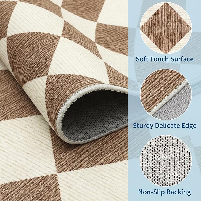 GarveeHome 6x9 Checkered Area Rug Modern Brown Washable Living Room Rug | Geometric Farmhouse Carpet Soft Low Pile Non Slip Diamond Floor Mat Plaid Print Throw Rug for Dining Room Playroom