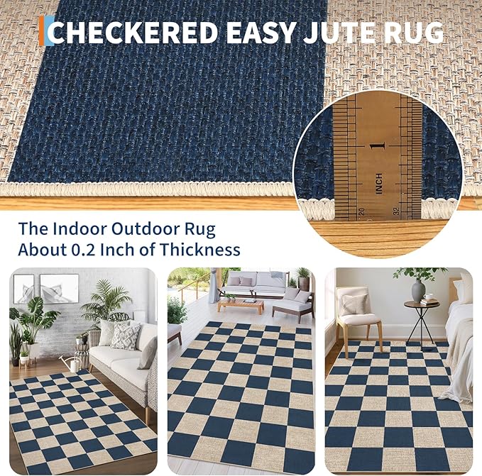 GarveeHome Easy Jute 8x10 Area Rugs for Living Room Checkered Rugs Machine Washable Non-Slip Backing Indoor Outdoor Carpets for Farmhouse Dining Room Nursery Patio Navy Blue