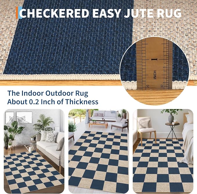 GarveeHome Checkered Easy Jute Runner Rug 2x6 Non-Slip Machine Washable Stain Resistant Indoor Outdoor Rugs for Living Room, Bedroom, Kitchen, Dining, Patio - Farmhouse Style Navy Blue