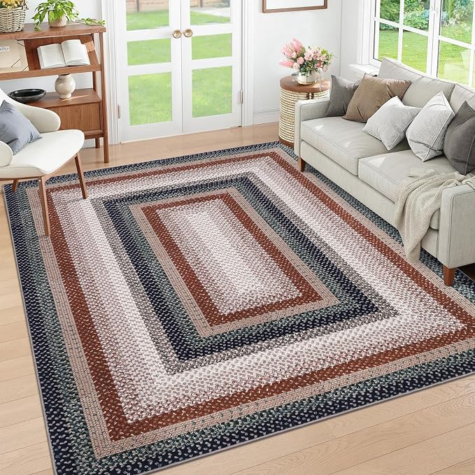 RUGSREAL 9x12 Braided Rug Washable Non Slip Living Room Bedroom Area Rugs | Modern Braid Printed Large Dining Room Rug with Rubber Backing Farmhouse Accent Carpet for Home Decor Office, Olive/Brown
