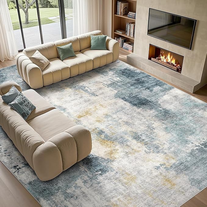 Tortania Washable 10x14 Area Rug for Living Room: Modern Abstract Neutral Large Soft Thin Rugs - Non Slip Indoor Carpet for Bedroom Dining Room Office Nursery Home Floor Decoration - Blue
