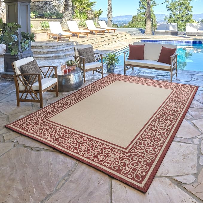 Gertmenian Indoor/Outdoor Flatweave Area Rug - 6x9 Medium, Stain & UV Resistant, Ideal For Deck, Patio, Poolside, Mudroom - Abstract Border, Red Tan, 22969