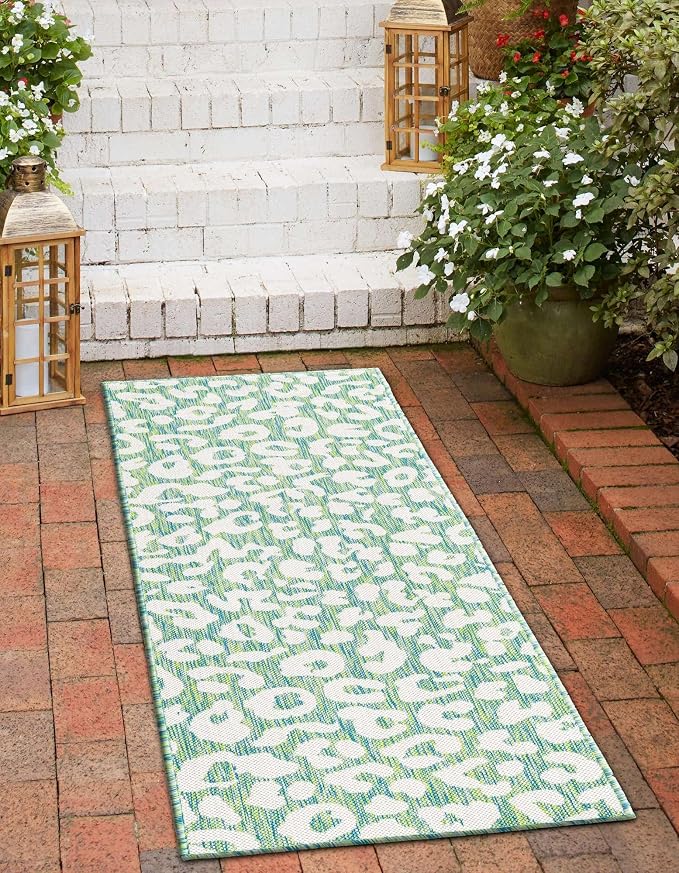 Unique Loom Outdoor Safari Collection Area Rug - Leopard (2' x 6' 1" Runner, Green Blue/ Ivory)