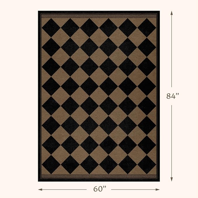 Boho Checkered Easy Jute Indoor Outdoor Rugs for Dining Room Living Room Patio 5x7, Non Skid Washable Checkered Outdoor Rug, Farmhouse Geometric Carpet for Bedroom, Backyard, Brown Diamond Décor