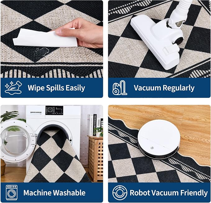 Garvee Easy Jute 2x6 Scalloped Kitchen Rugs Washable Rugs，Black/White | Indoor Outdoor Washable Rugs for Living Room Low Pile Floor Cover for Entryway Stain Resistant Indoor Carpet for Hallway