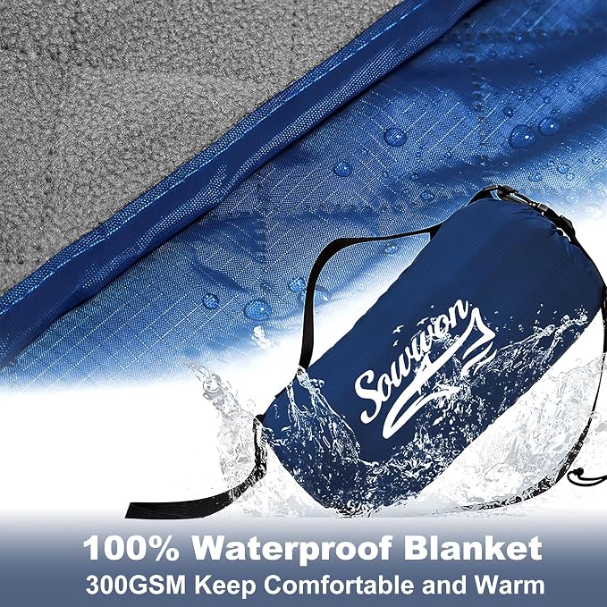 Waterproof Outdoor Blanket 92"x60" Large Quilted Fleece 300GSM Navy | Stadium Blankets for Camping, Packable, Windproof Emergency Throw for Grass Picnic Hiking Road Trip, Machine Washable