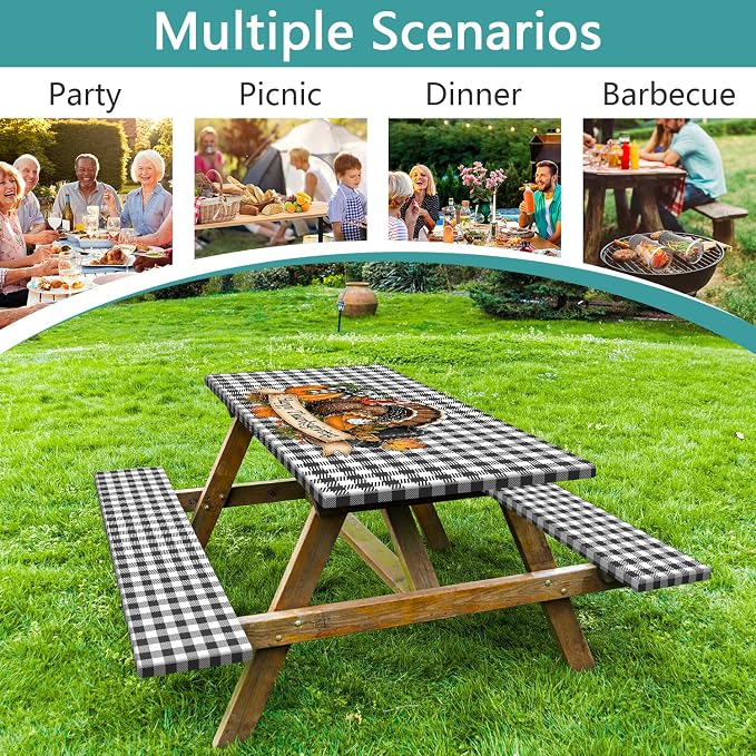 Thanksgiving Picnic Table Cover Set with Bench Covers, Buffalo Check Plaid Turkey Happy Thanksgiving Waterproof Elastic Fitted Outdoor Patio Camping Tablecloth